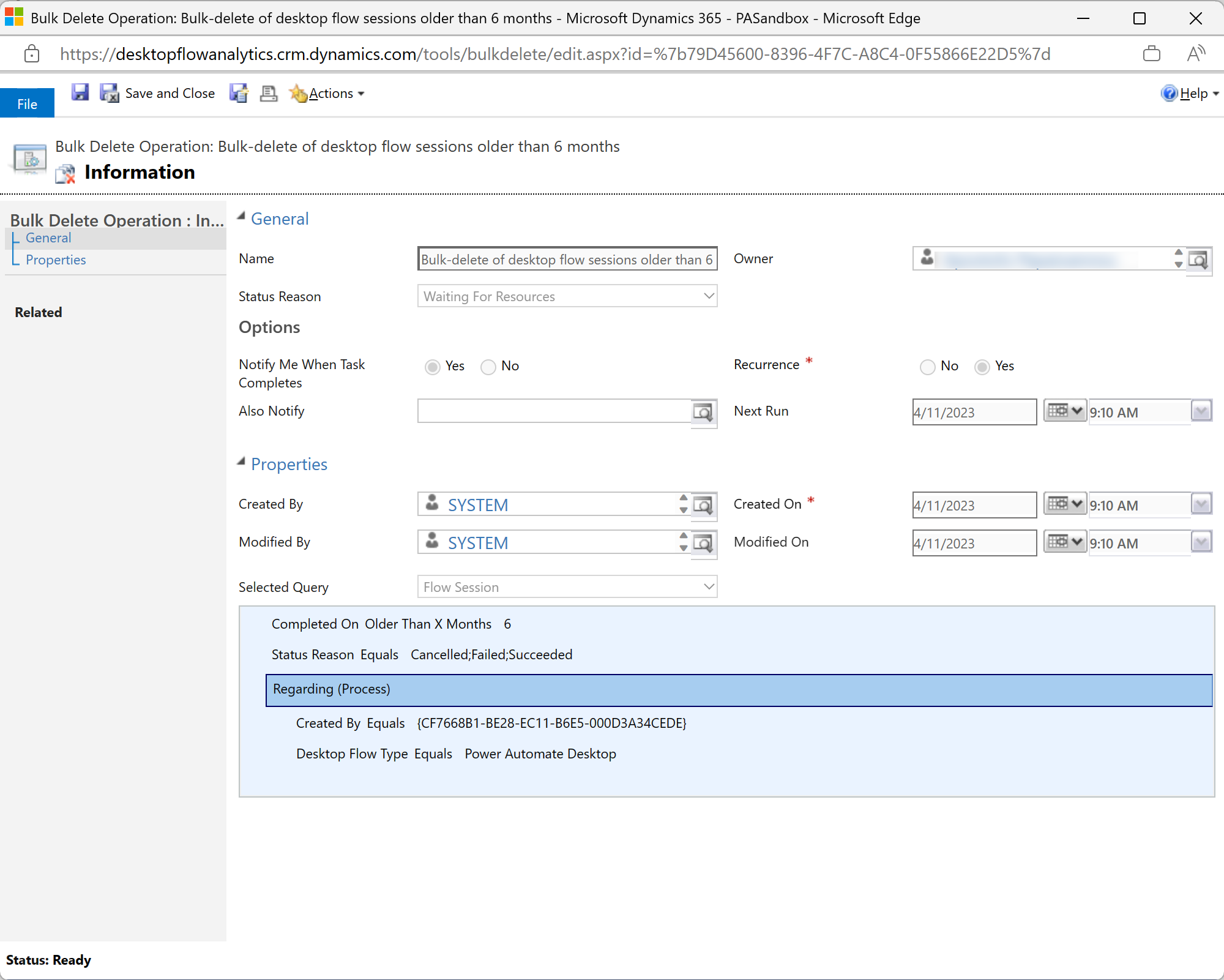Showing a recurring bulk delete job details page that includes the applied filter criteria.