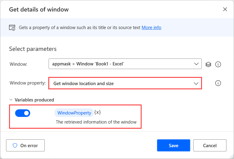 Screenshot of the Get details of window action.