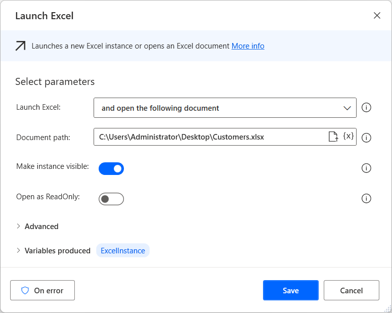 Screenshot of the Launch Excel action.