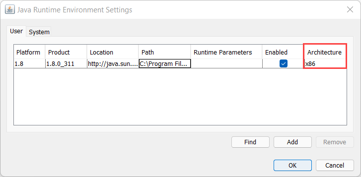 Screnshot of the Java Runtime Environment Settings.