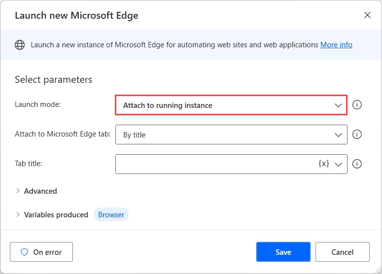 Screenshot of the Attach to running instance option in the Launch new Microsoft Edge action.