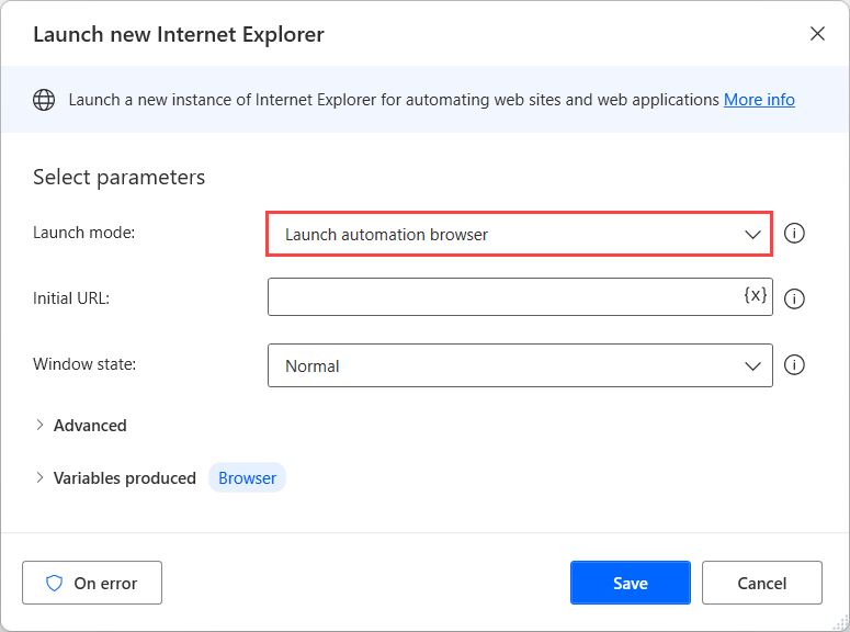Screenshot of the launch automation browser option in the Launch new Internet Explorer action.