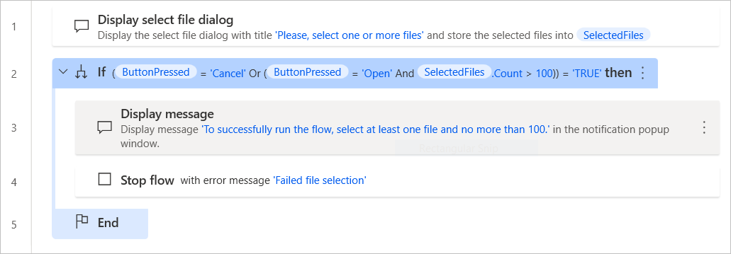 Screenshot of a flow that checks the limitations for file selection.