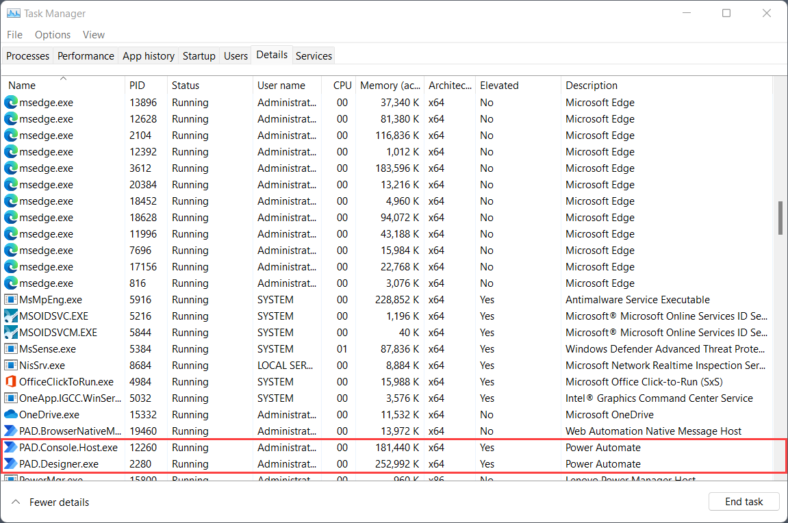 Screenshot of the Power Automate processes in Windows Task Manager.