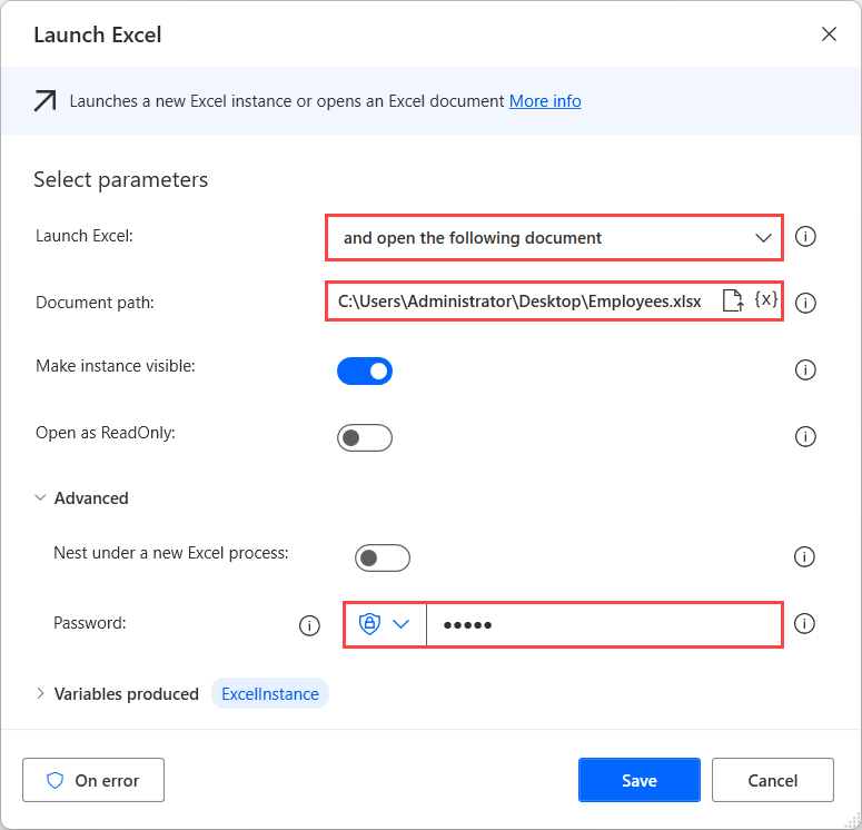 Screenshot of the Launch Excel action and the Password field.