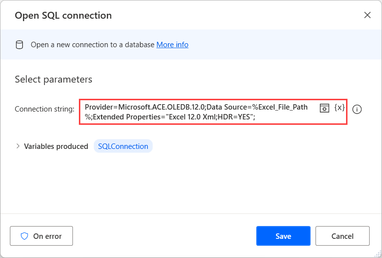 Screenshot of the Open SQL connection action.