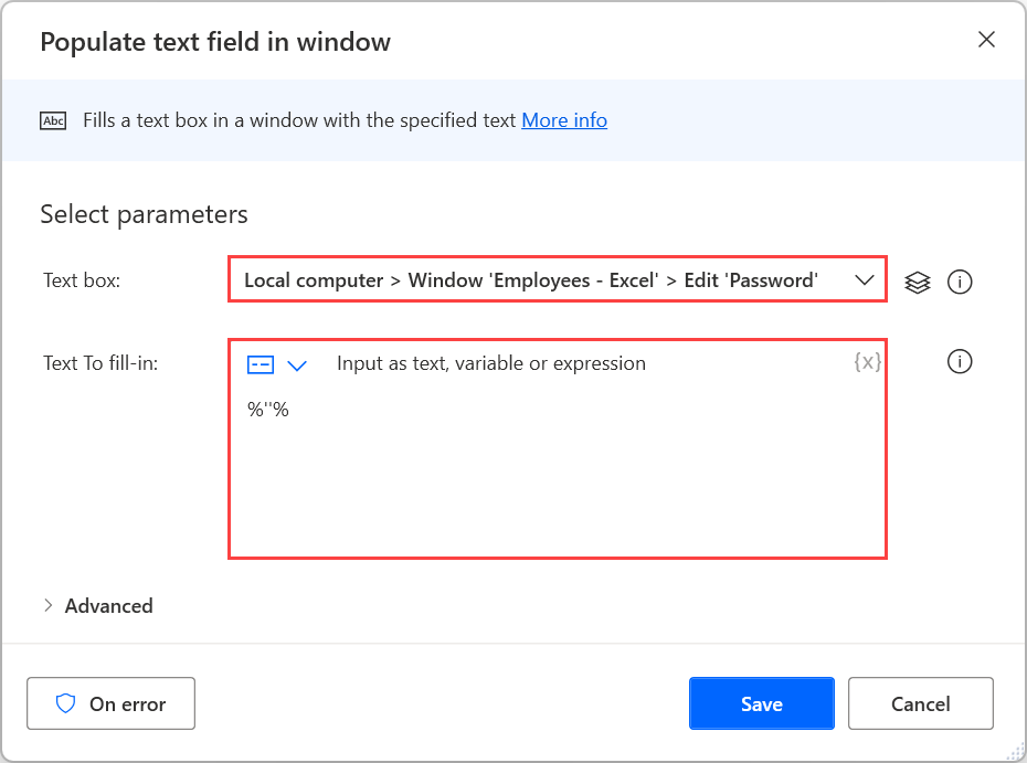 Screenshot of the Populate text field in window action.