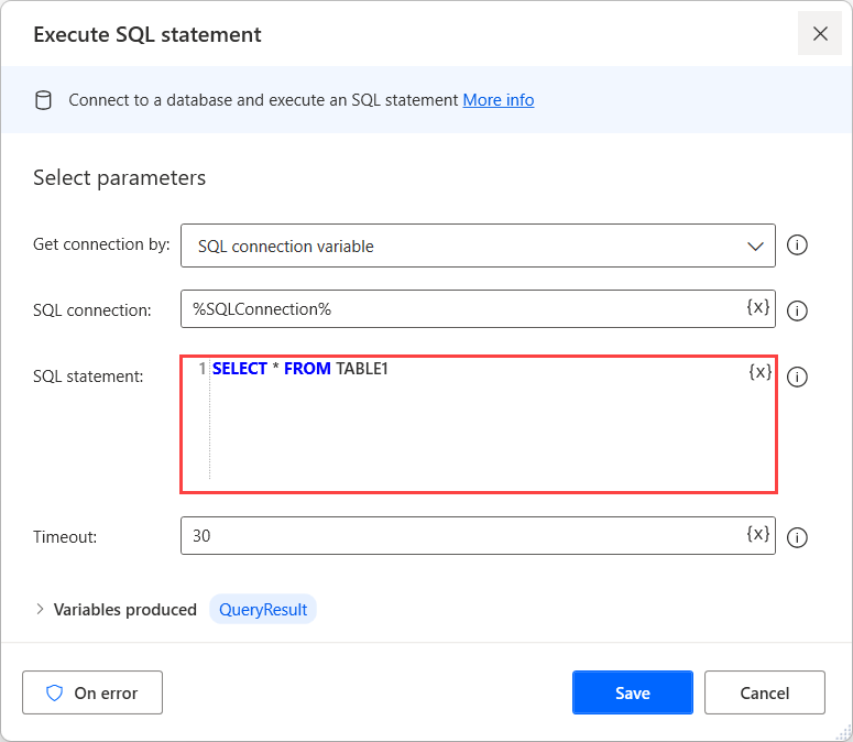 Screenshot of the Execute SQL statement action.