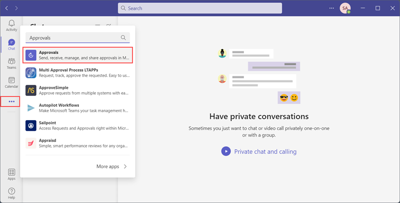 Screenshot of selecting the Approvals app in Microsoft Teams.