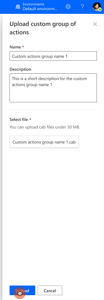 Screenshot of Upload custom actions blade
