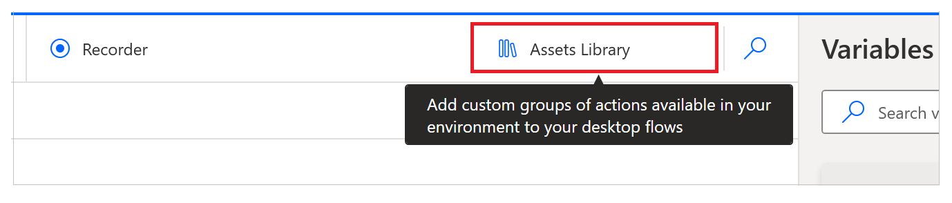 Screenshot of the Assets library button