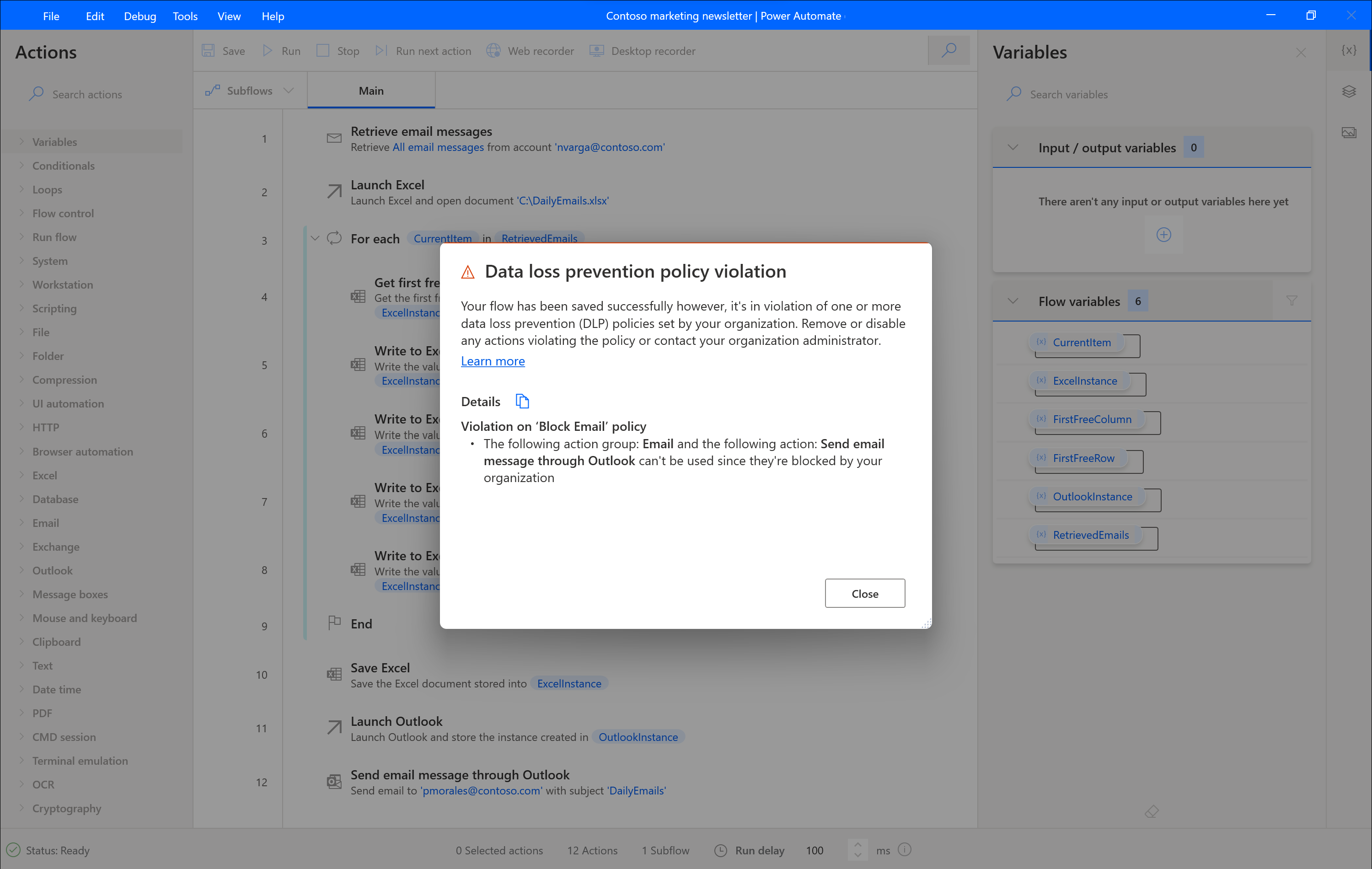 Screenshot of the Data loss prevention policy violation dialog.