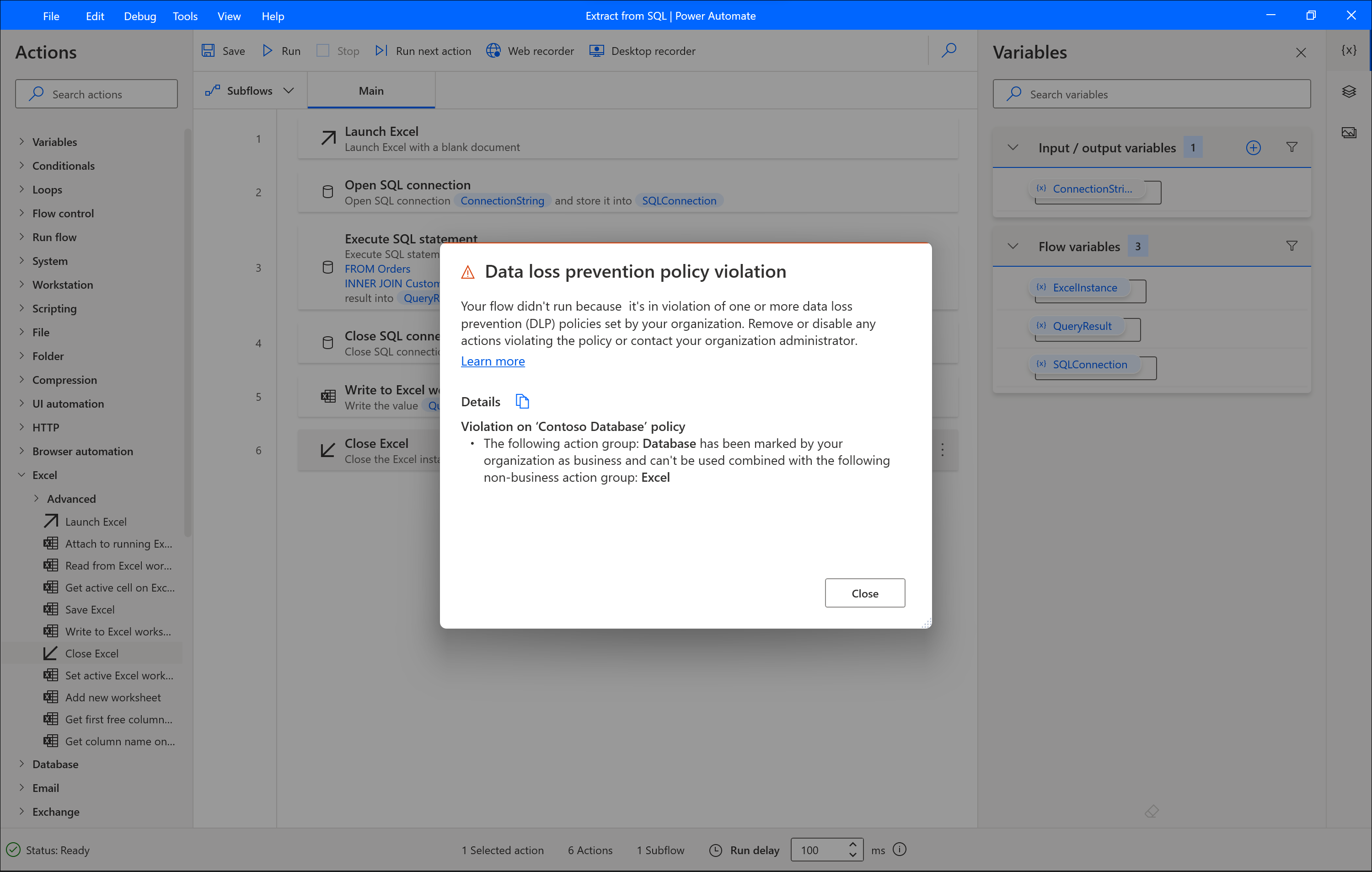Screenshot of the Data loss prevention policy violation message.