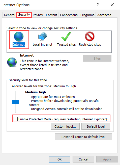 Screenshot of the security tab in Internet Explorer options.
