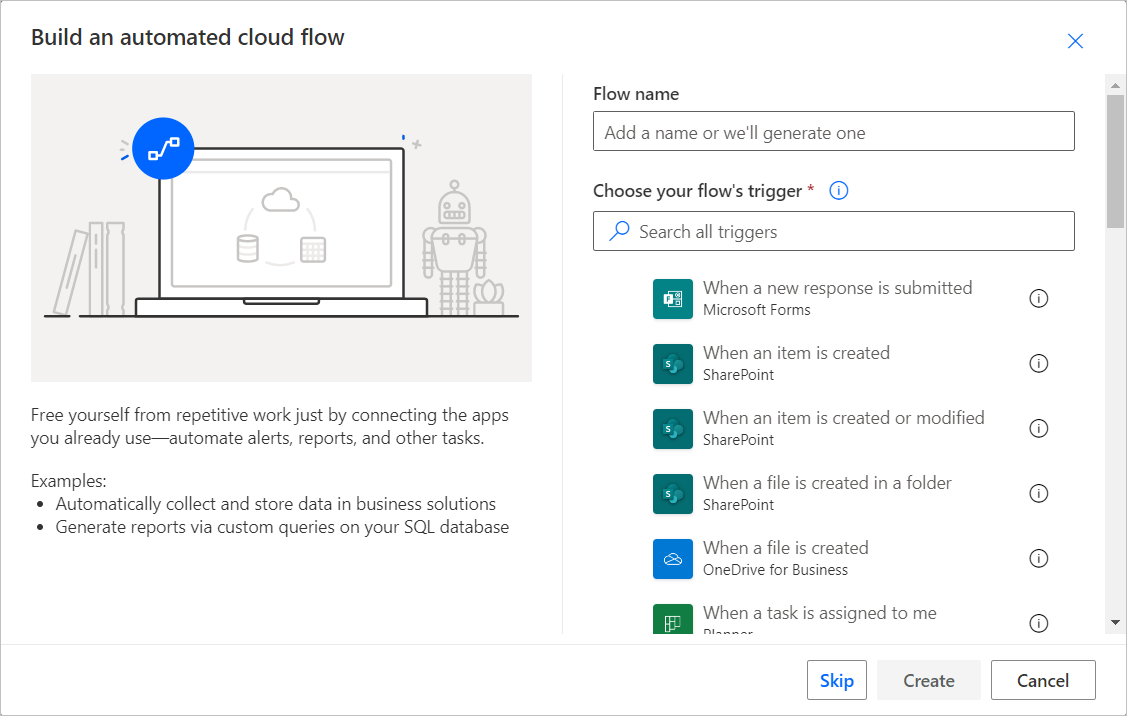 Screenshot of the Build an automated cloud flow dialog.