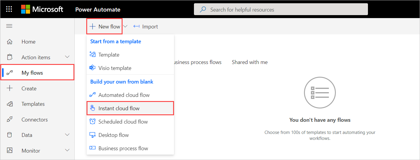 Screenshot of the option to create an instant cloud flow.