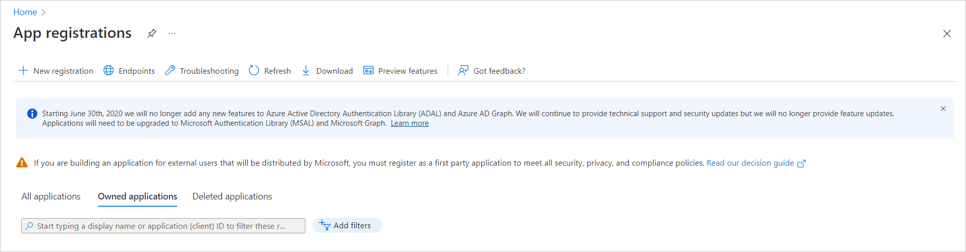Screenshot of the New registration option.