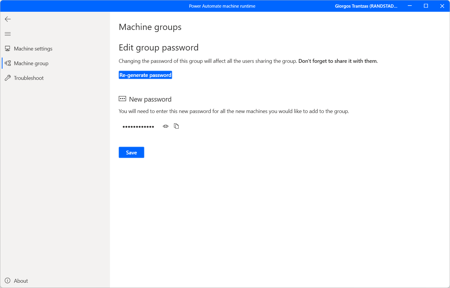 Screenshot of the fields for the new machine group password.