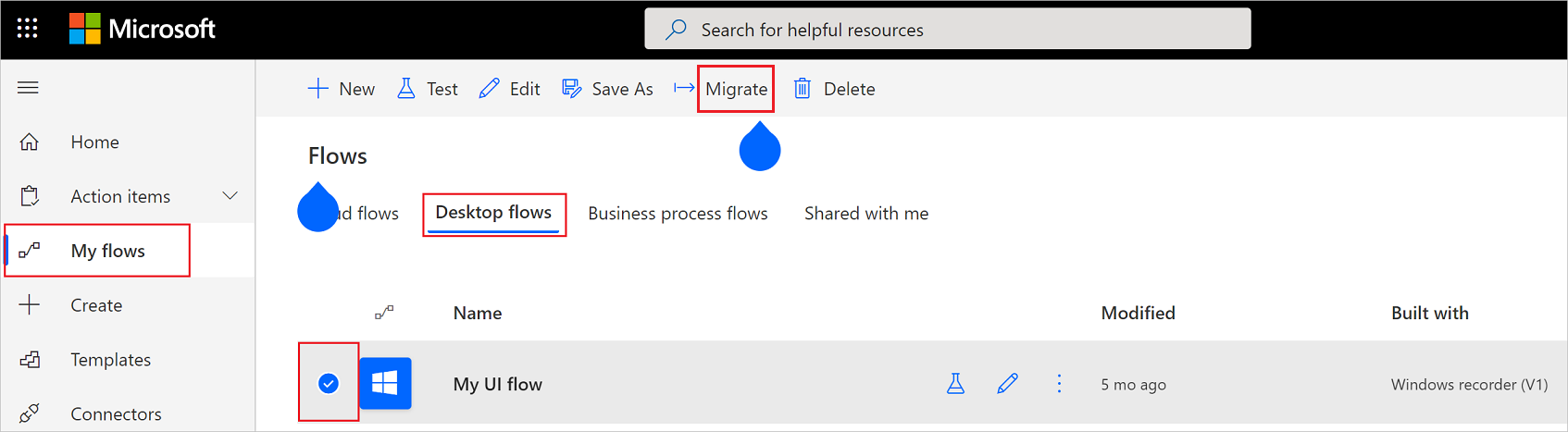 A screenshot that displays the migrate option for a desktop flow.