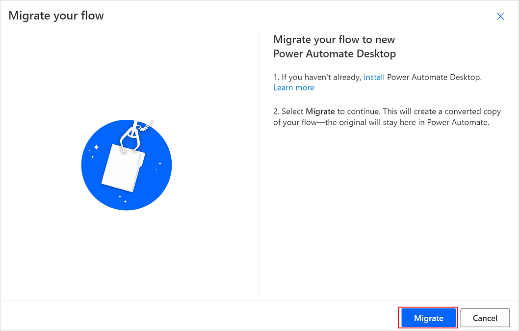 A screenshot that displays the migrate button.
