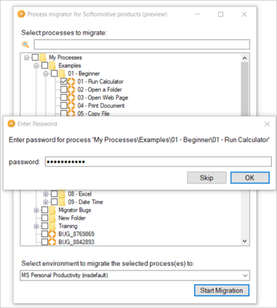 Screenshot of the password field to migrate a password-protected process.