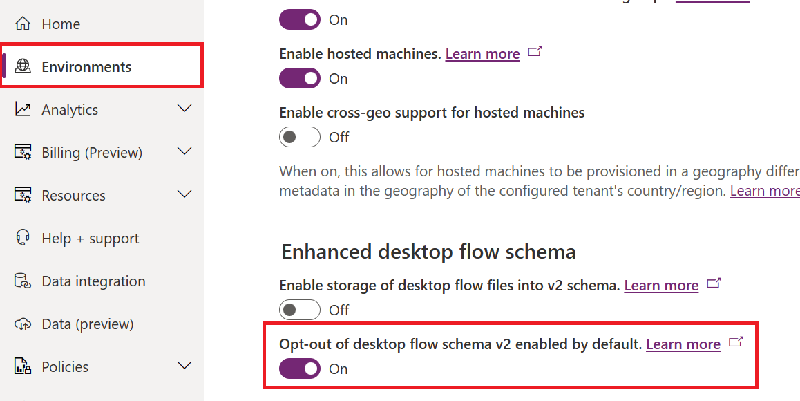 The option in the Power Platform Admin Center to opt-out of schema v2 enabled by default.