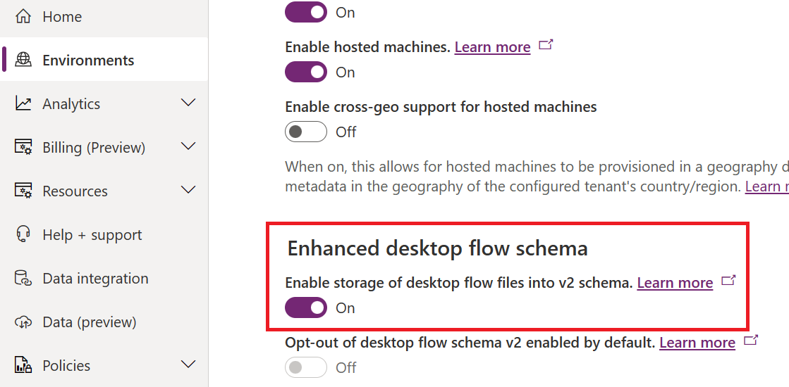 The option in the Power Platform Admin Center to enable the new schema.