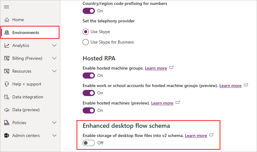 The option in the Power Platform Admin Center to enable the new schema.