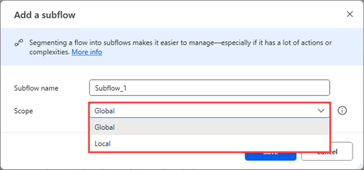 Screenshot that shows the add new subflow dialog with the scope drop-down control expanded.