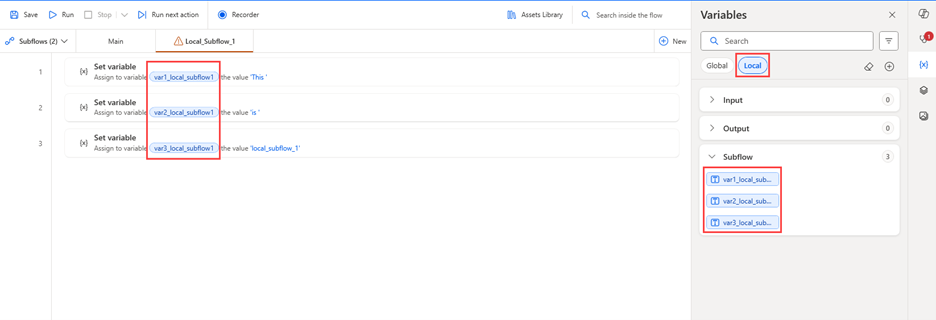 Screenshot that shows the designer with a local subflow that contains three actions and its variables.