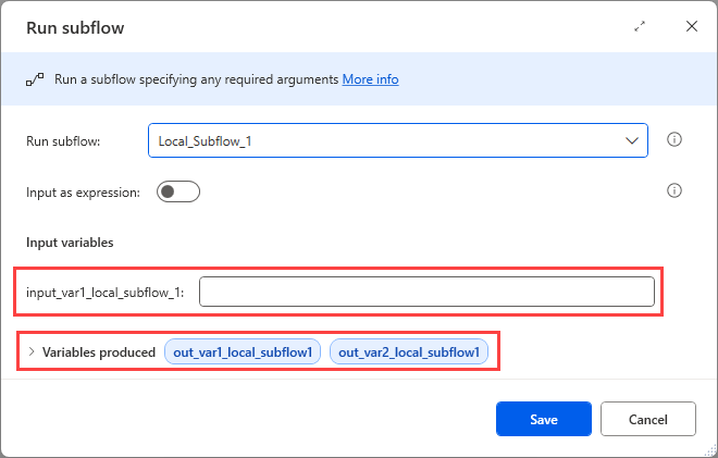 Screenshot that shows the Run subflow action with input and output arguments.