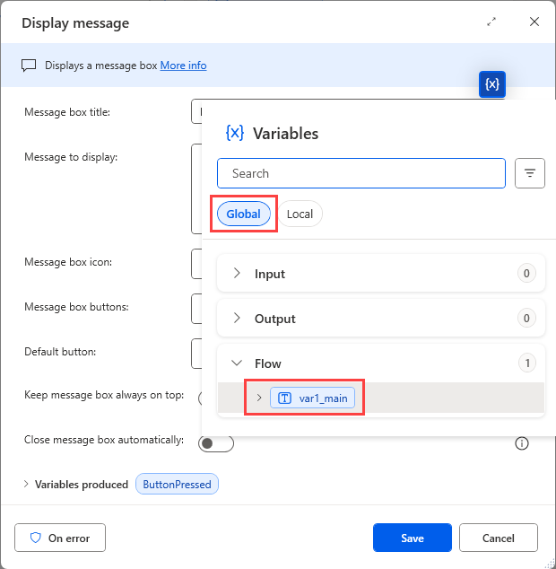 Screenshot that shows the variables picker with a global and local variables tab.