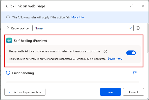 Screenshot of self-healing toggle in error handling