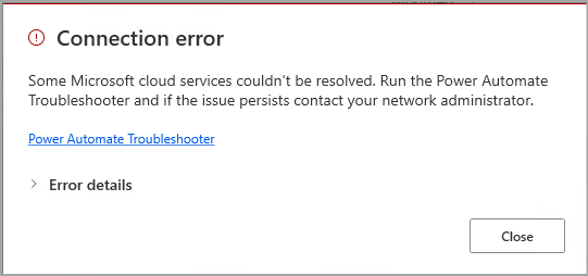 Connection error detected dialog with troubleshooter link