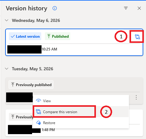 Steps to select versions to compare