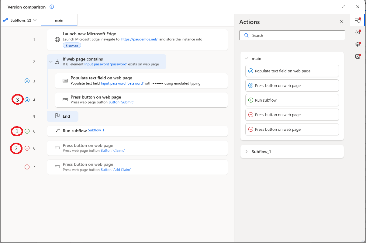 An overview of the version comparison window