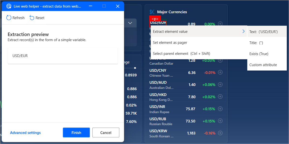 Screenshot of a webpage while extracting data from it.