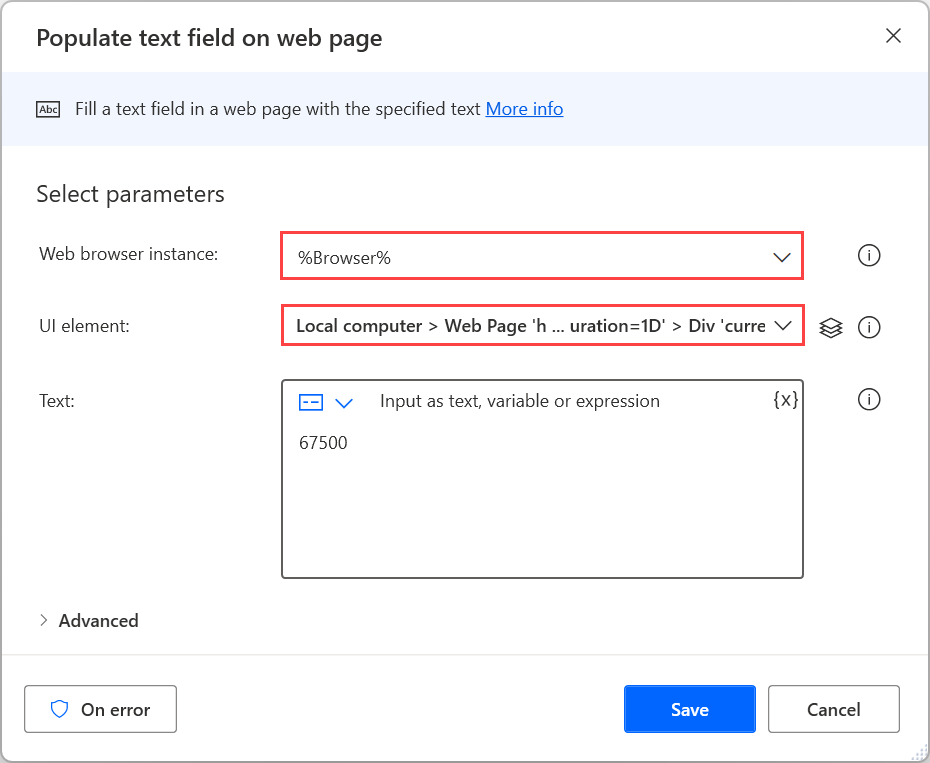 Screenshot of the inputs of the Populate text field on web page action.