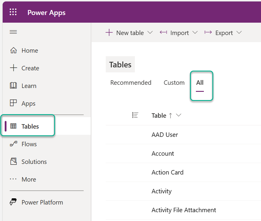 Screenshot of Power Apps portal showing Tables and the all tab area selected.
