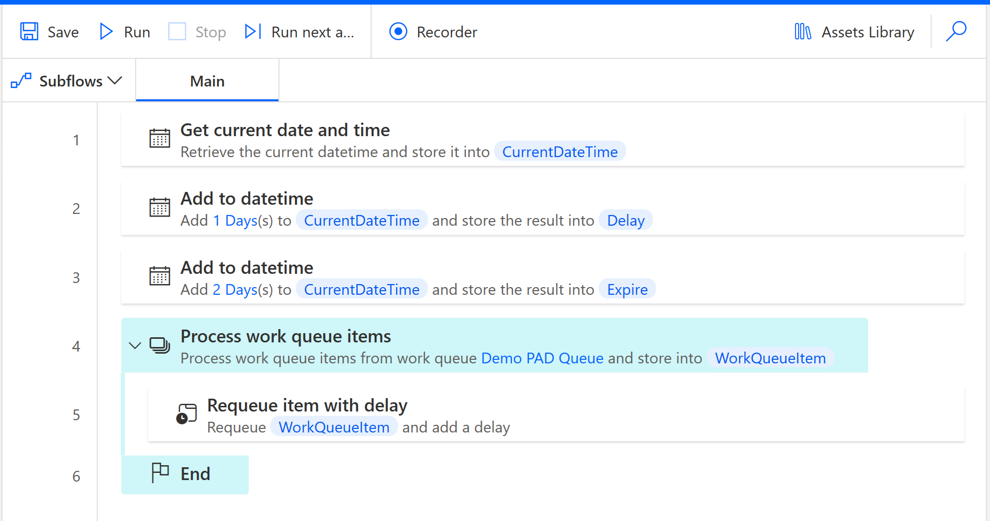 Screenshot example of process utilizing requeue item and add delay action.