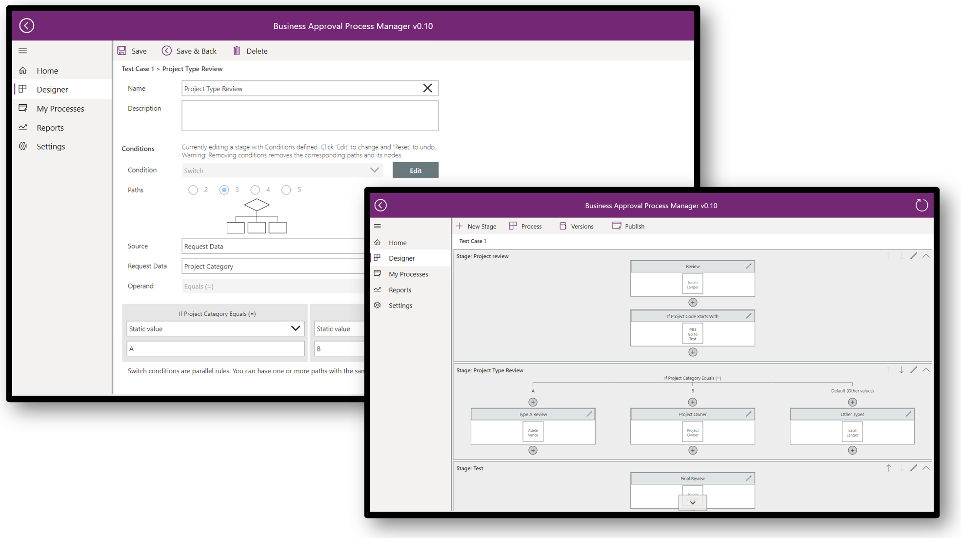 A screenshot of the Business Approvals Process Manager with the Designer view selected and a process flow displayed.