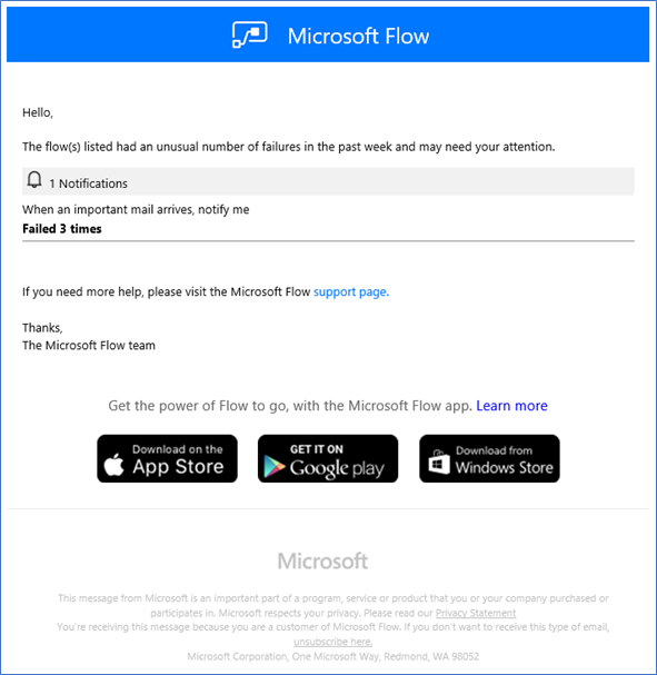 Example of a failed flow run notification that reads "The flow(s) listed had an unusual number of failures in the past week and may need your attention."