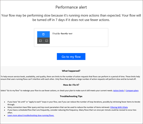 Performance alert that a flow is running more actions than expected and will be turned off if it doesn't use fewer actions.