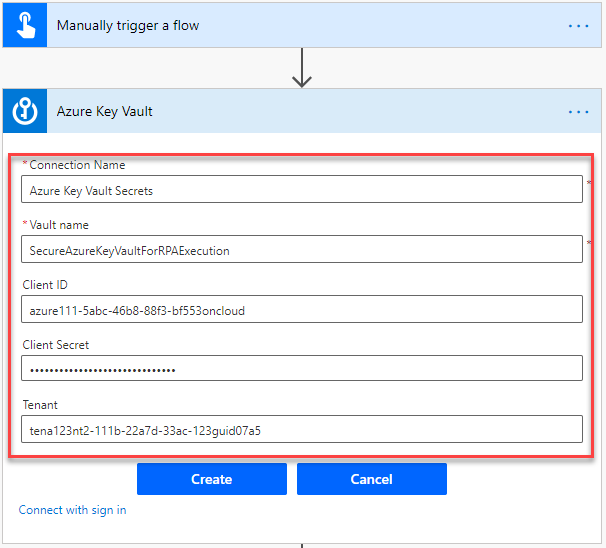 Screenshot of establishing a connection using the Azure Key Vault action in Power Automate flow designer after signing in.