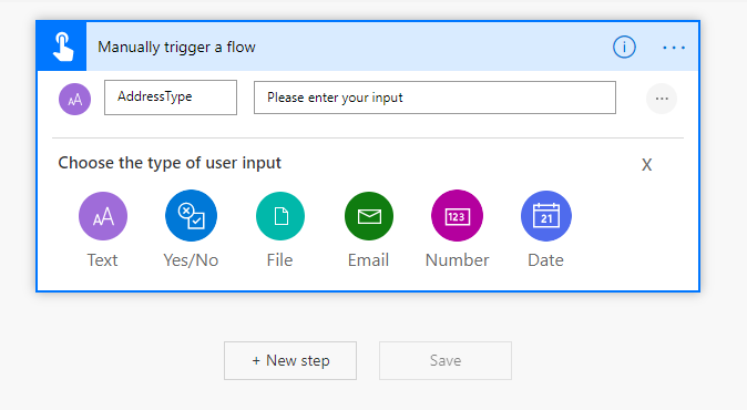 Screenshot of the Manually trigger a flow dialog with AddressType added as Text type.