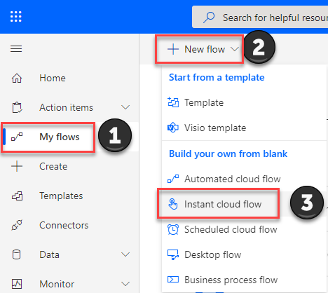 Screenshot of a new flow dialog with instant cloud flow selection within Power Automate.