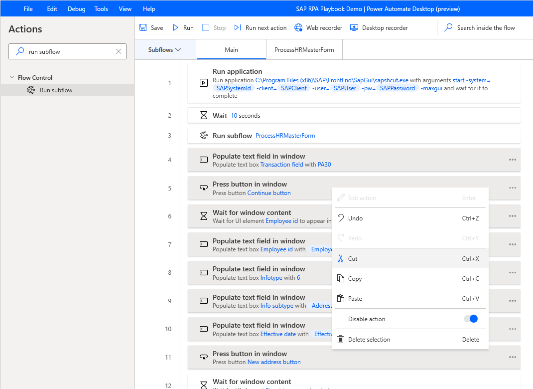 Screenshot of the Power Automate Desktop Designer window with rows 4 through 11 selected and the shortcut menu open with Cut selected.