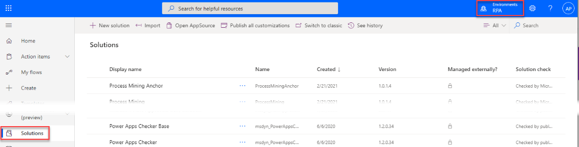 Screenshot of the Power Automate portal window with Solutions selected on the left pane and the New solution button selected.