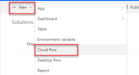 Screenshot of the Power Automate solution screen with Cloud flow selected in the New menu.