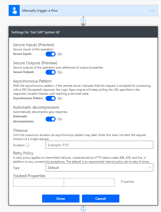 Screenshot of Secure Inputs and Secure Outputs turned on in the settings for the Get SAP System Id secret.